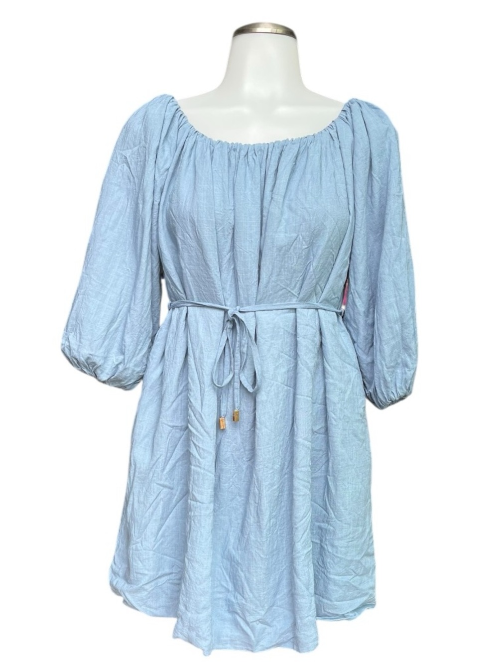 Lykke Saigon Medium Cotton Blend Blue Peasant Dress with Waist Tie